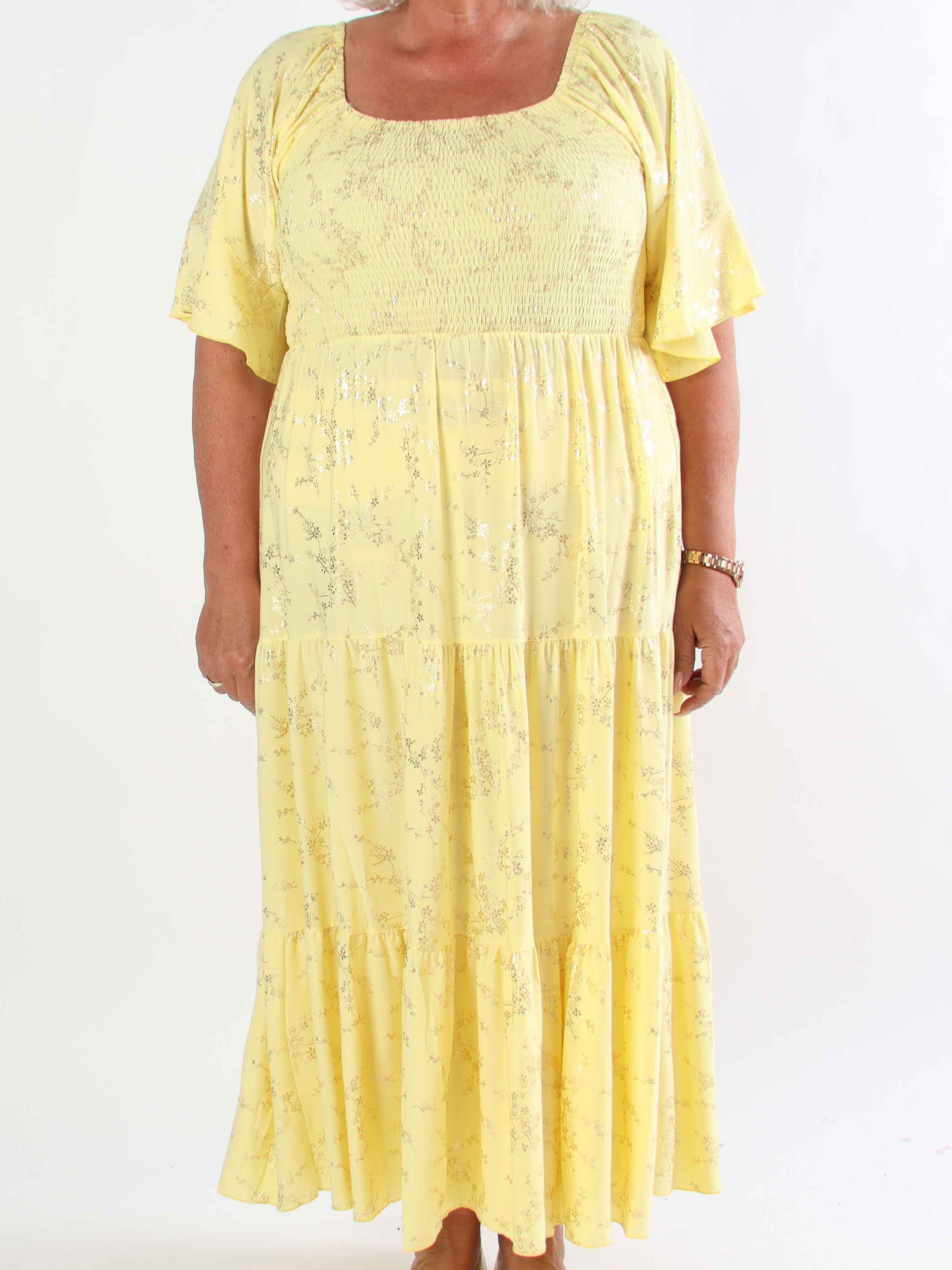 Elna Gold - Ensfarvet plus size kjole med smock og guld print